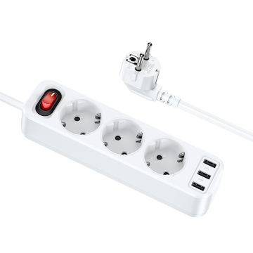 Hoco 3-voudige Stekkerdoos met 3 USB-A Poorten - Wit