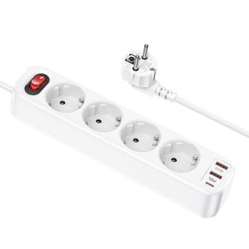 Hoco 4-voudige Stekkerdoos met 2 USB-A en 1 USB-C Poort - Wit